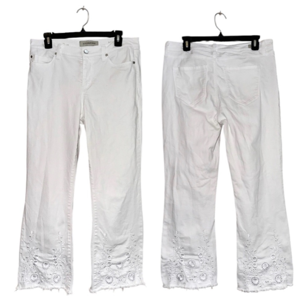 LIVERPOOL Crop Flare Hannah Jeans Embroidered Eyelet Raw Hem Pants Stretch 8 29 - Picture 2 of 16